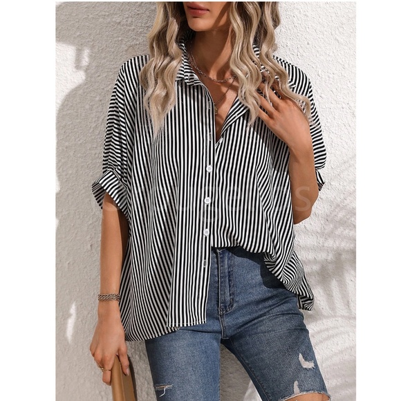 Striped Black White Button Up Front Shirt Oversized Batwing Half Sleeve V-Neck - Picture 7 of 9